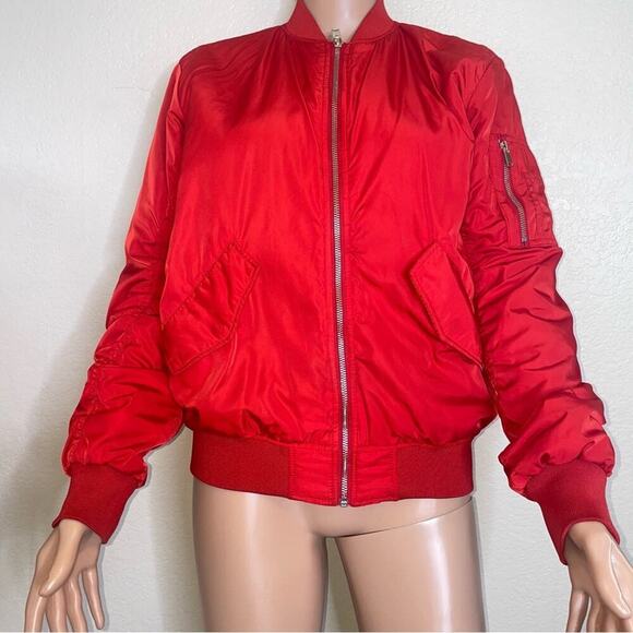H&M jacket red utility nylon military style full zip shoulder zip SZ 2 bomber - Picture 9 of 9